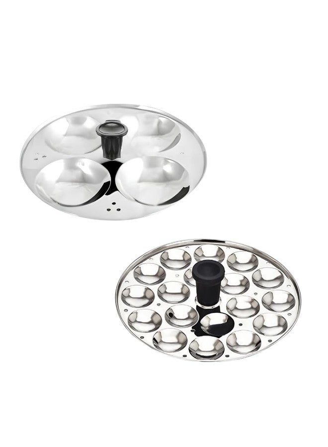 AadiVeer Idli Plates Stainless Steel Mini idli Plates Set Of 2 Plates With Bakelite Knobs 4 Big Idlies And 18 Mini Idlies Size 19cm | Fits All Idli Cookers And Steamers - Image 1